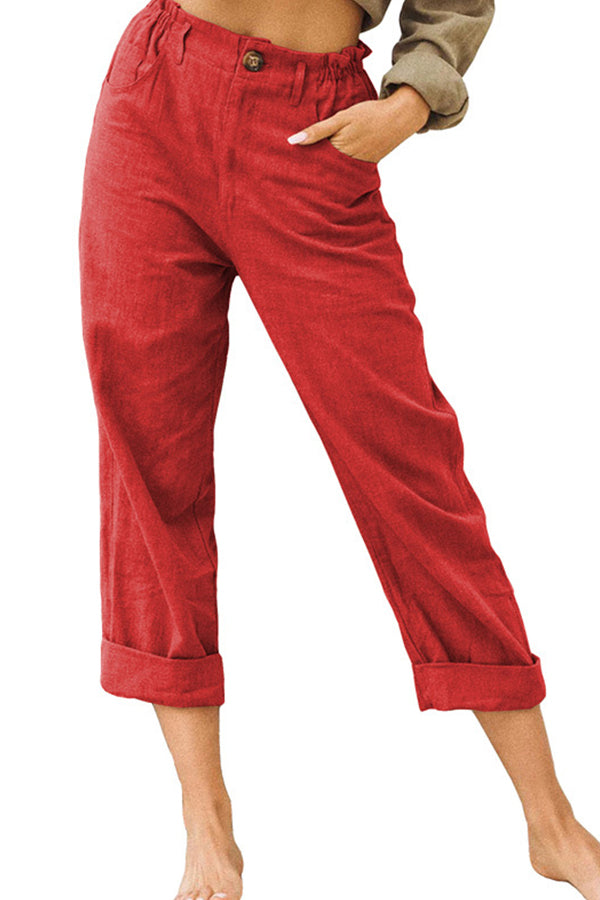 Solid color cotton and linen fashionable loose high waist casual pants Red