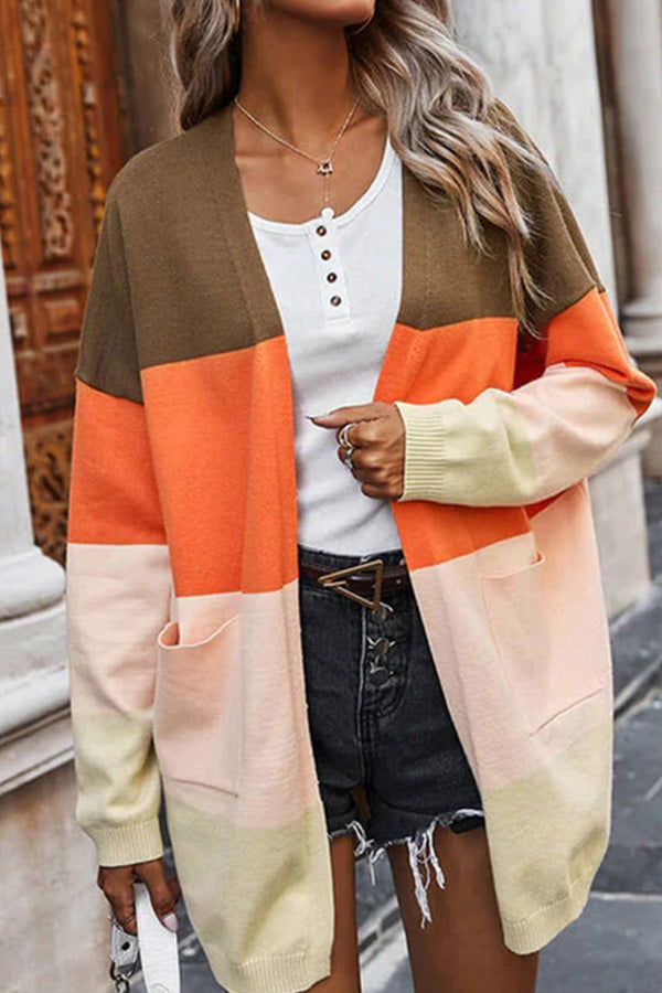 Contrasting rainbow paneled striped long cardigan sweater with pockets Brown