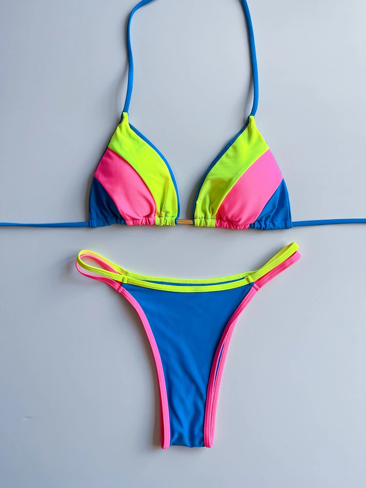 Brazilian Strappy Bikini Blue Pink Yellow