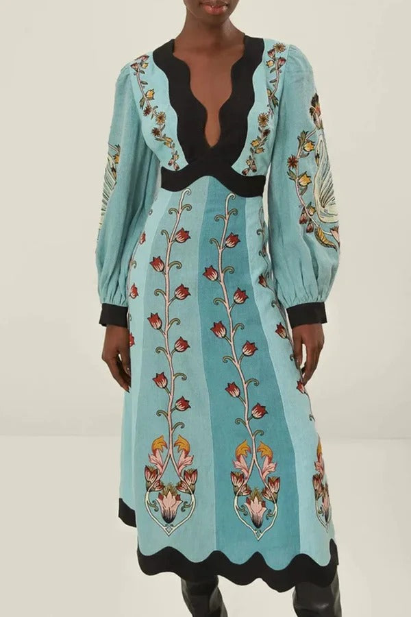Flowing Beauty Linen Blend Floral Print Balloon Sleeve Open Back Midi Dress Blue