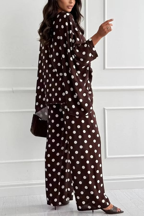 Verne Linen Blend Polka Dot Batwing Sleeve Top and Elastic Waist Pocket Loose Pants Set