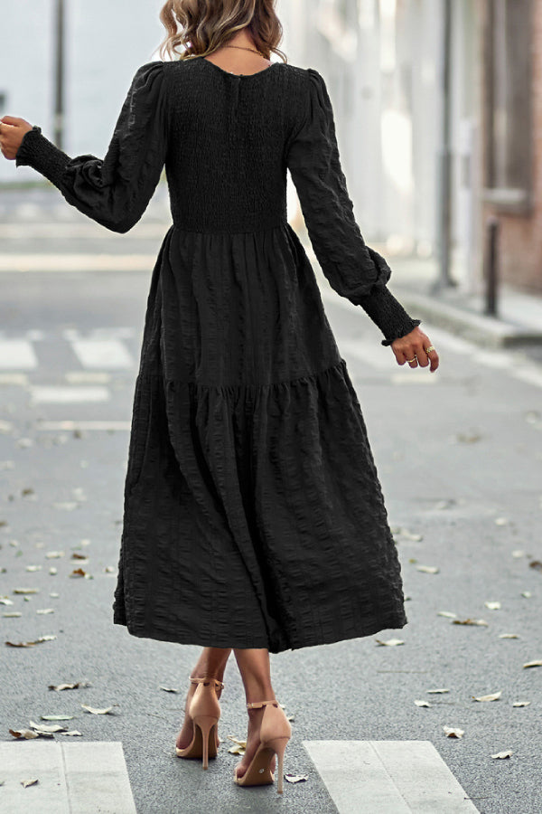 Solid Lantern Sleeve Ruffle Hem Shirred Dress