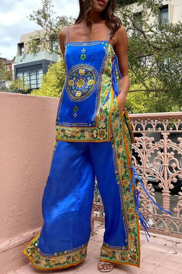 Retro Exotica Navy Blue Printing Two-piece Set Blue