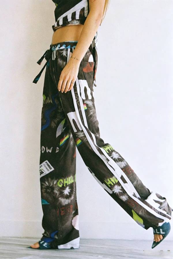 Street-style Print Cowl Neck Halter Tank and Elastic Waist Side Stripes Loose Pants Set