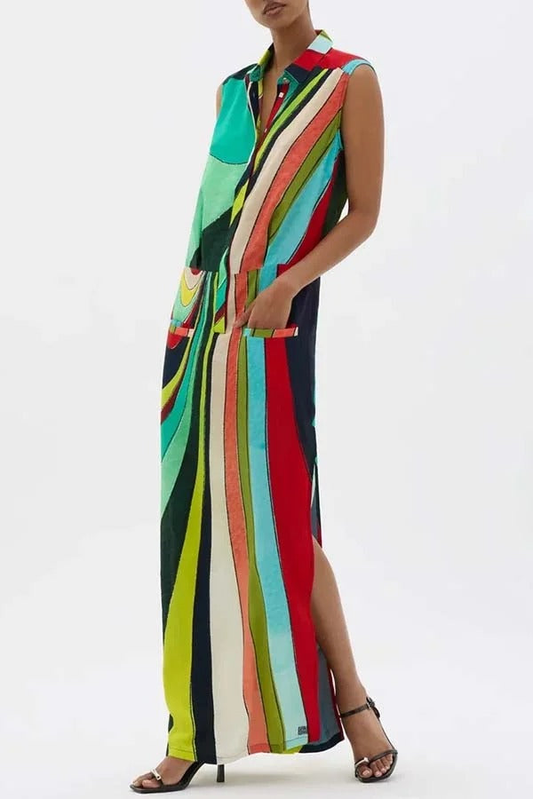 Robe longue à imprimé coloré, audacieuse et élégante, boutonnée, avec poche et fente en H 