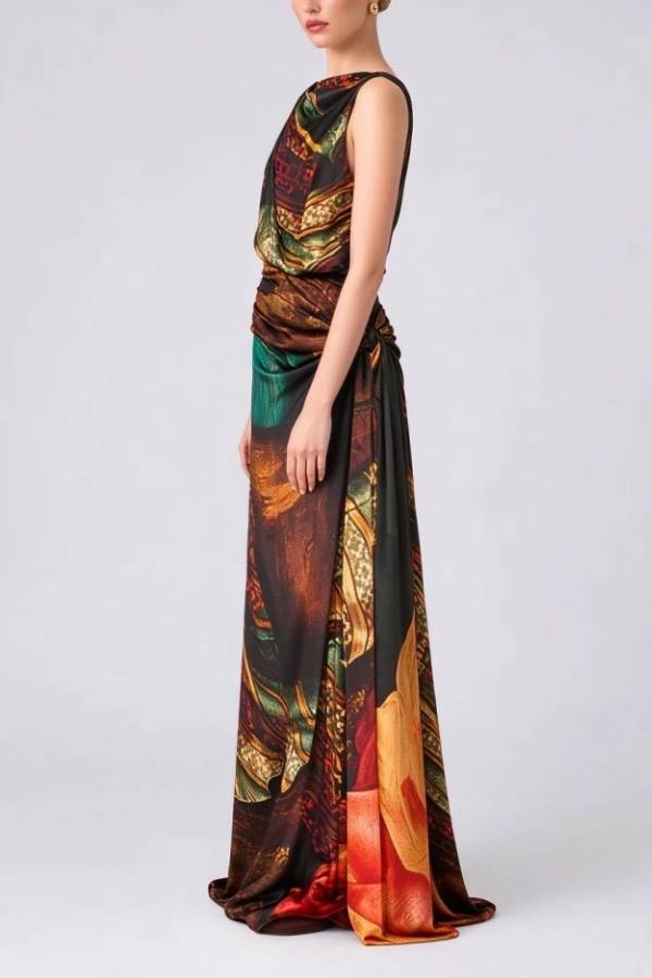 Sleeveless Draped Graphic Print Satin Column Maxi Evening Gown Dress