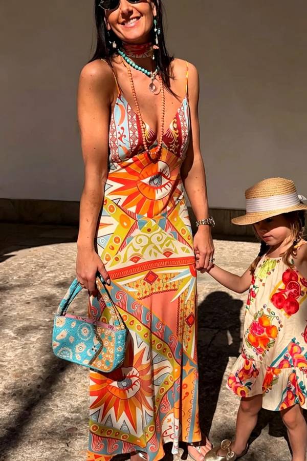 Streets of Spain Unique Art Print V-neck Slip Drape Maxi Dress