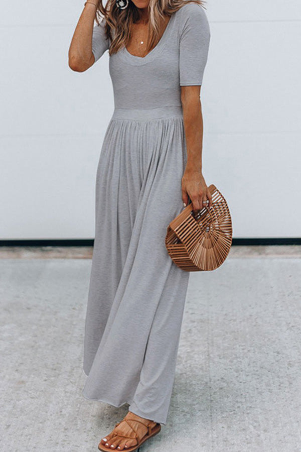 Round Neck Short Sleeve Long Jumpsuit Grey