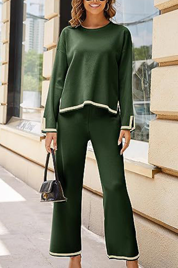 Tanming Long Sleeved Knitted and Wide Leg Pants Two Piece Set Green