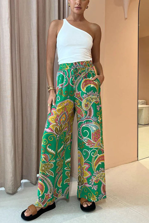Blaise Satin Paisley Print Elastic Waist Pocketed Wide Leg Pants Green