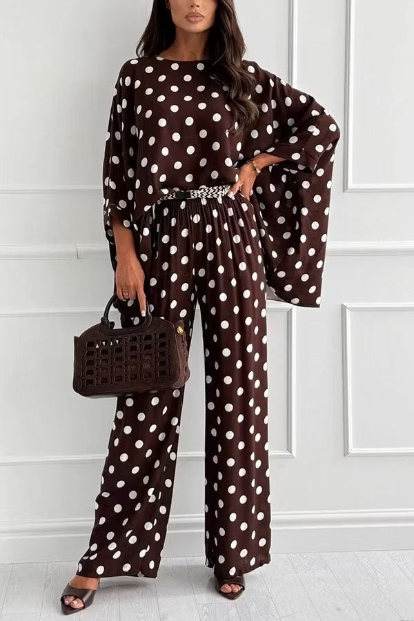 Verne Linen Blend Polka Dot Batwing Sleeve Top and Elastic Waist Pocket Loose Pants Set