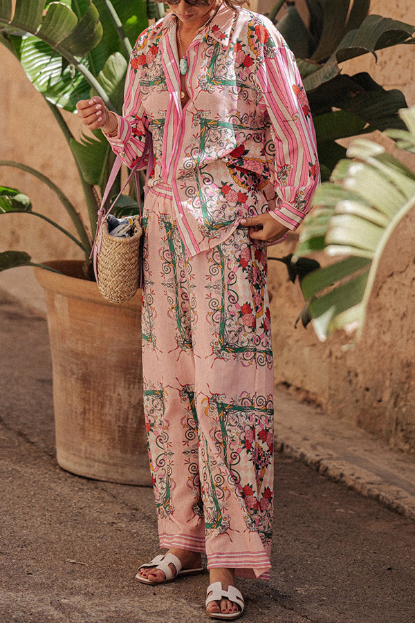 Floral Charm Unique Print Loose Blouse and Elastic Waist Pocketed Pants Set Pink