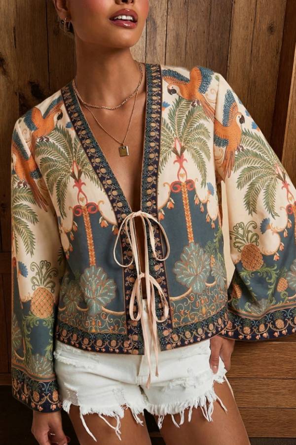 Vintage Printed V-Neck Tie Front Flare Sleeve Cropped Cardigan