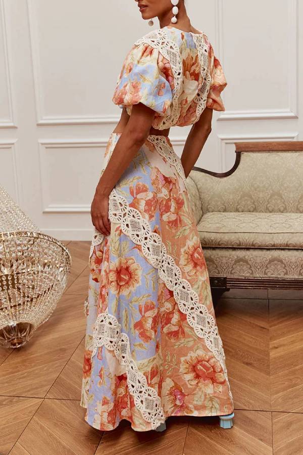 Vintage Floral Linen Crop Top & Lace Trim Maxi Skirt Set