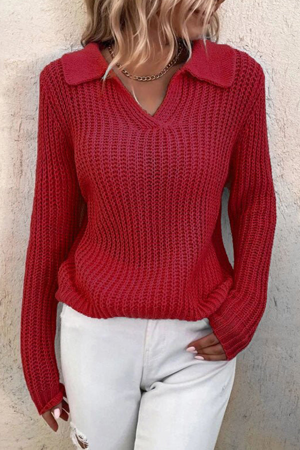 Women's Lapel Solid Slim Fit Knit Sweater Red