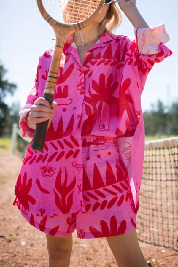 Altos Unique Printed Pocket Shirt and Elastic Waist Shorts Set Pink