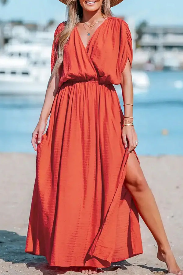 Surplice Neck Split Hem Ruched Maxi Dress Orange