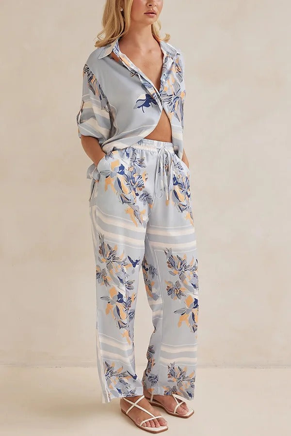 Fashionable Plant Print Loose Lapel Short Sleeve Shirt and Casual Elastic Waist Pocket Pants Set