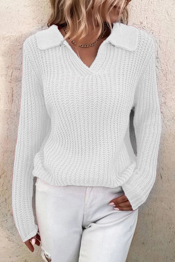 Women's Lapel Solid Slim Fit Knit Sweater White