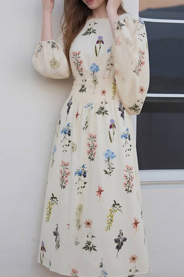 French Round Neck Puff Sleeve Floral Smocked Waist Midi Dress
