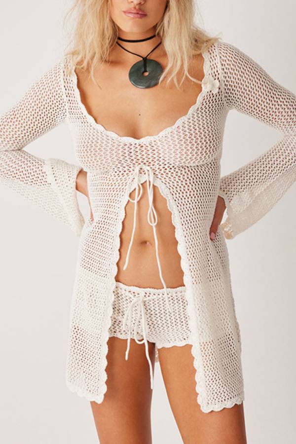 Openwork Knit Flared Sleeve Cover-Up
