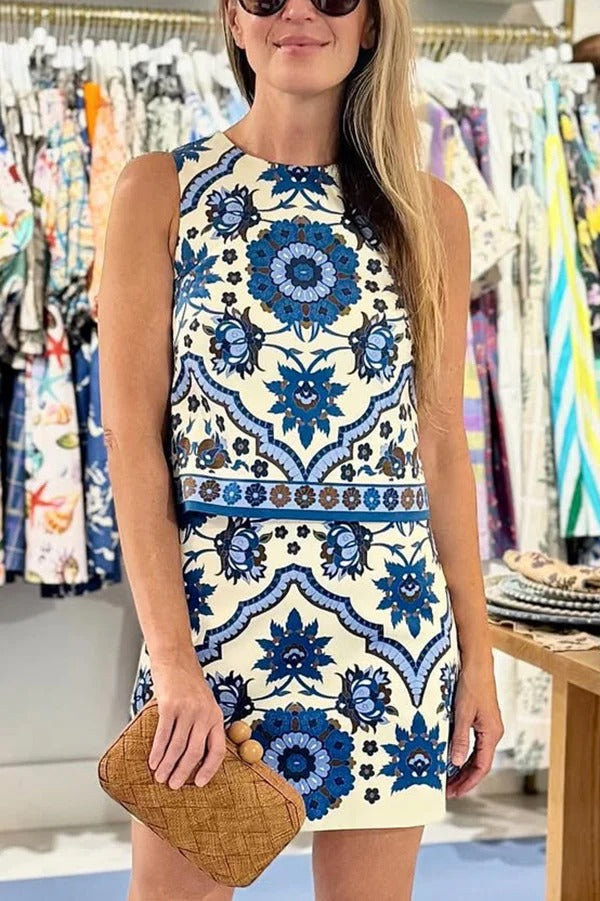Unique Printed Round Neck Sleeveless Top and Casual Mini Skirt Set