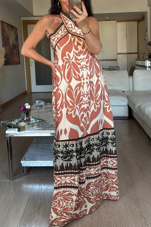 Maxi-Urlaubskleid mit überkreuztem Neckholder und offenem Rücken und Print