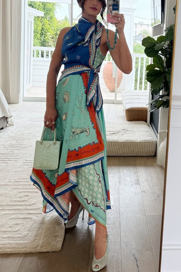 Surrealist Summer Satin Unique Print Tie-up Details Layered Hem Scarf Maxi Dress