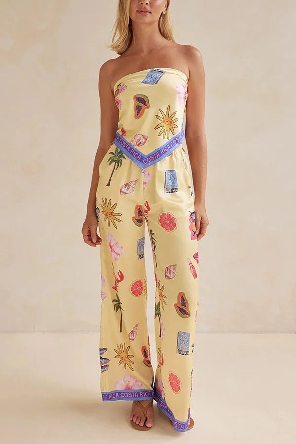 Linen Blend Unique Printed Bandeau Top and Elastic Waist Pocket Pants Set Yellow