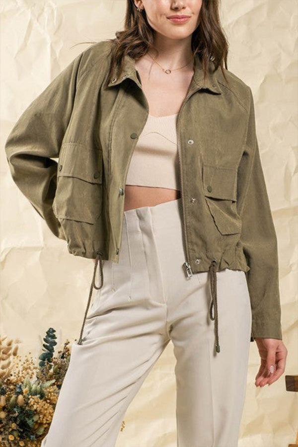 Brushed plaid lapel multi-button two-pocket midi jacket Khaki