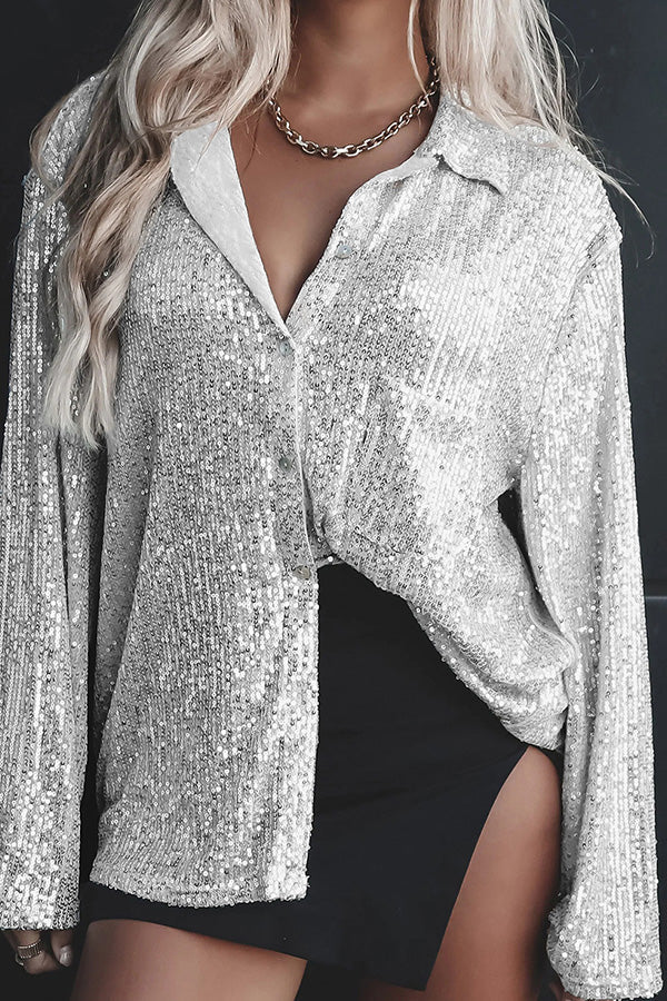 Solid color button-down long-sleeve sequined cardigan silver