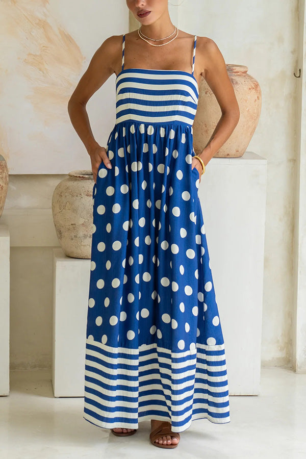 Striped Polka-dot Print Sling Pleated Open-back Maxi Dress Blue