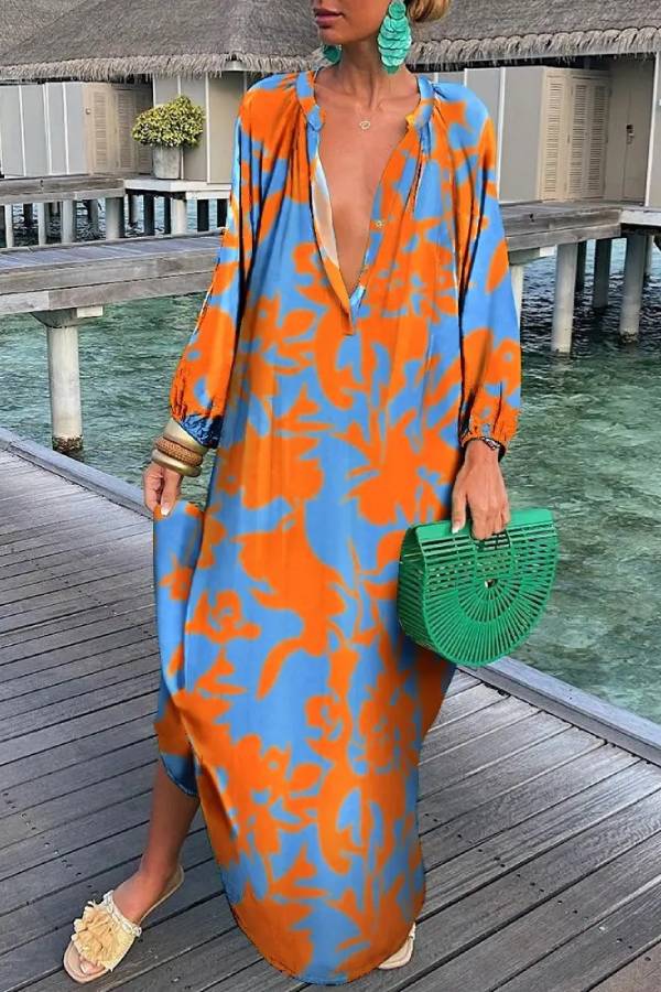 Colorful Abstract Print Loose Vacation Shirt Maxi Dress
