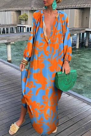 Colorful Abstract Print Loose Vacation Shirt Maxi Dress