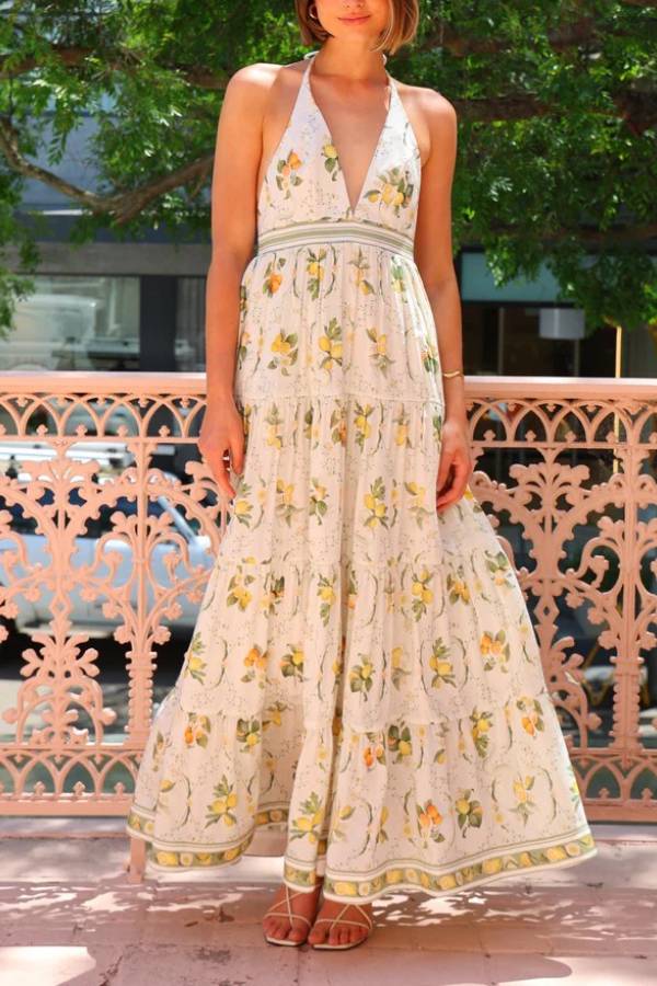 Lemon Print Halter Open Back Tiered Maxi Vacation Dress
