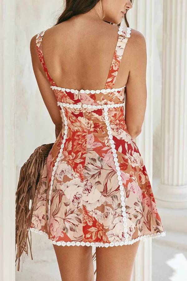 Vintage Floral Print Lace Trim Corset Style Mini Dress