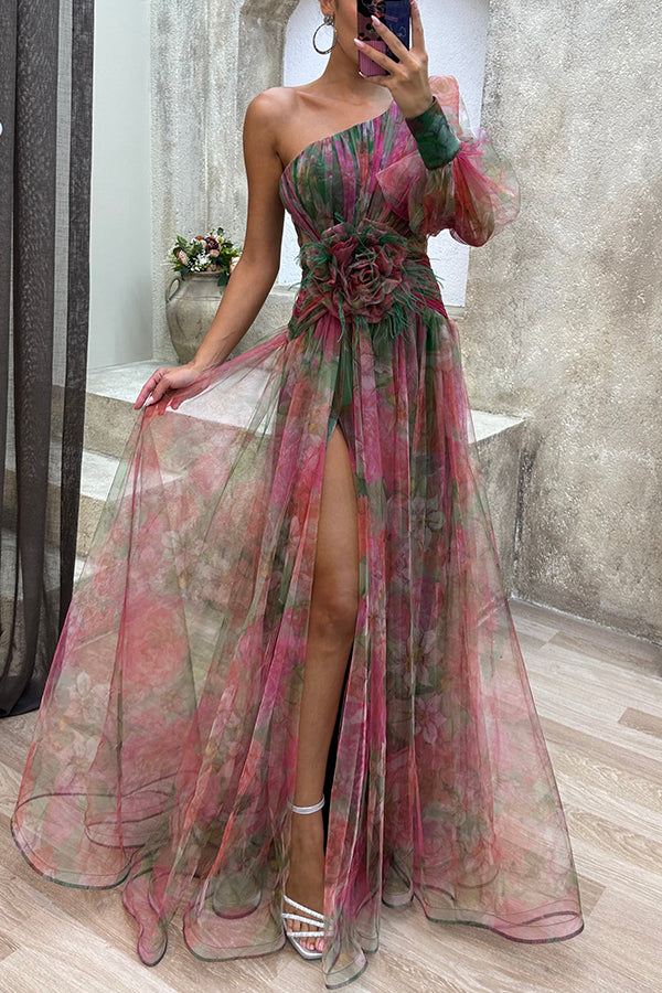 Picturesque Beauty Tulle Floral Pleated One Shoulder Sleeve Slit Maxi Dress Red