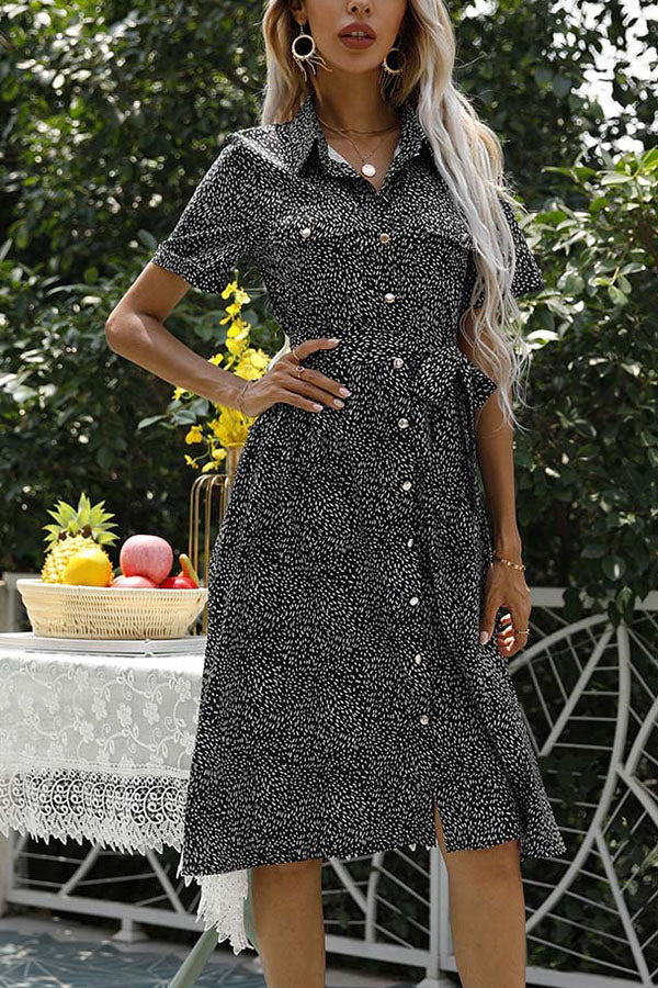 Floral Print Button Short Sleeve Dress Black