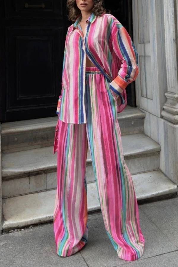 Colorful Stripe Loose Shirt & Wide‑Leg Pants Two‑Piece Set