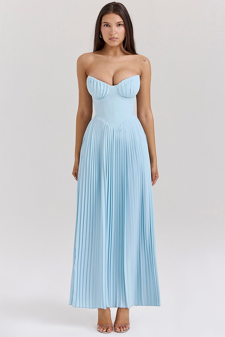 Strapless Cinch Waist Pleated Maxi Dresses-Blue [Pre Order] Blue