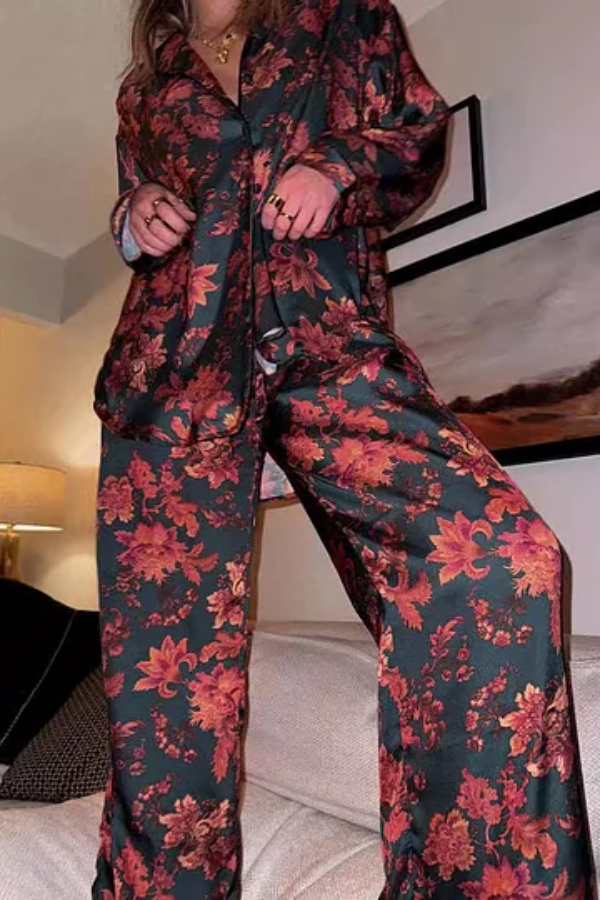 Retro Floral Printing Two Pieces Set Black