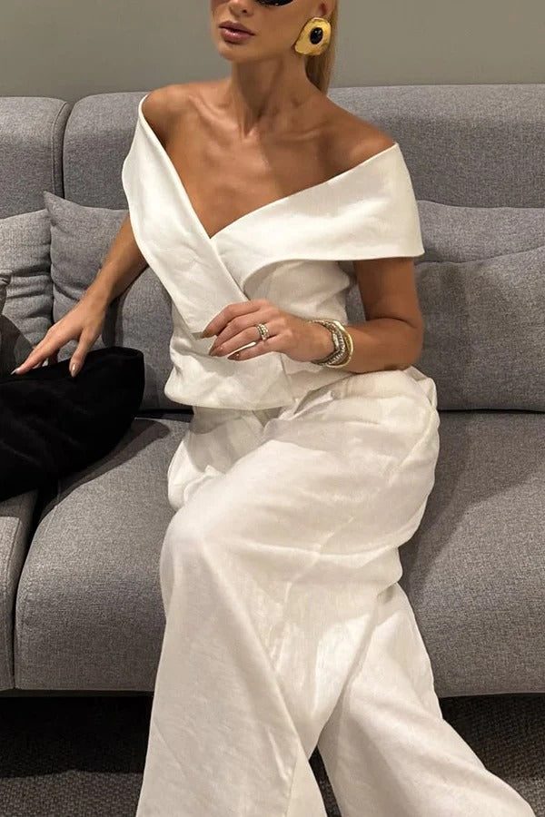 Velena Linen Blend Button Up Lapel Top and High Rise Pocket Wide Leg Pants Set