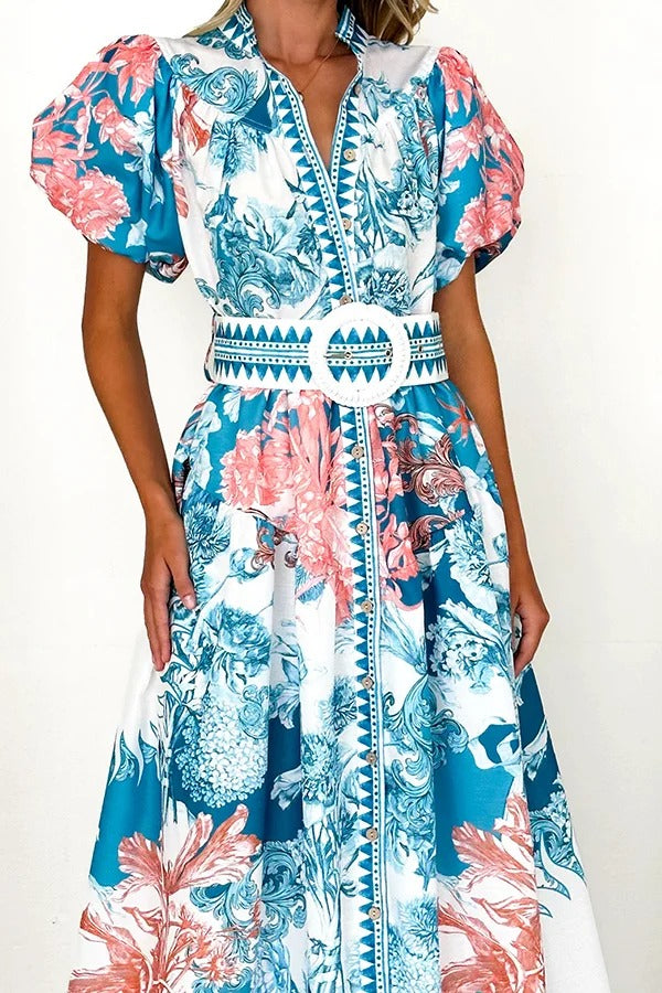 Unique Print Puff Sleeve Button Belt Casual Maxi Dress