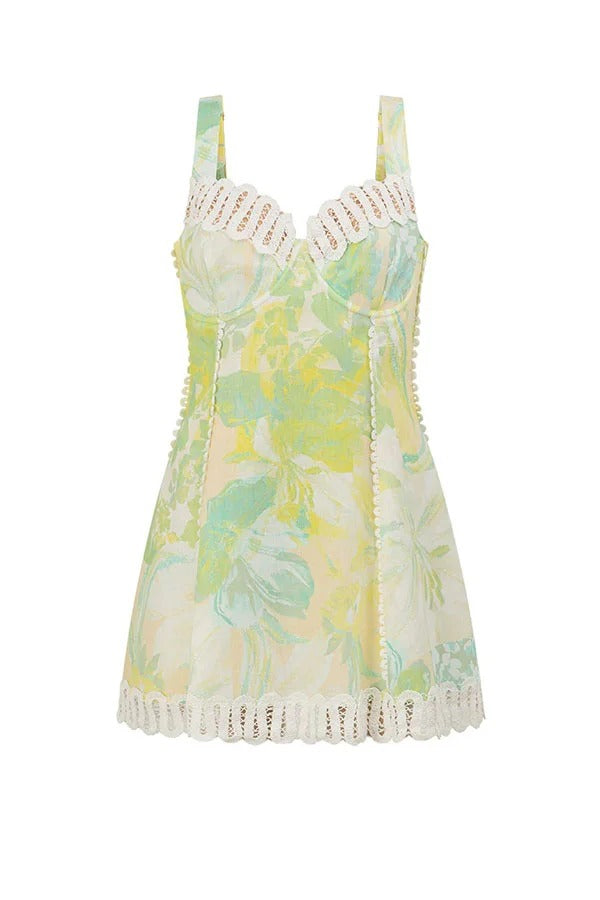 Stelle Linen Blend Floral Print Crochet Zig Zag Trim Back Lace-up Mini Dress