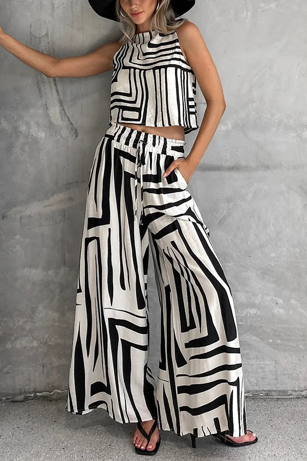 Striped Printed Sleeveless Casual Top and Elastic Waist Loose Pocket Wide-leg Pants Set