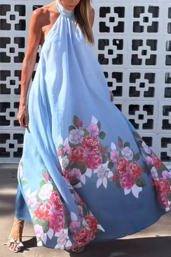 Blooming Flowers Satin Printed A-line Halter Tie-up Maxi Dress Blue