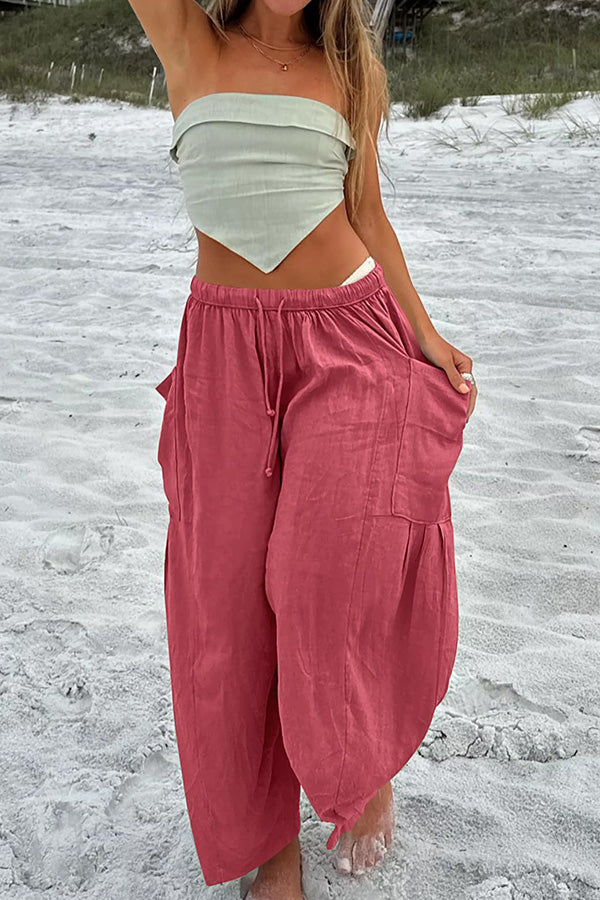 Diani Linen Blend Drawstring Waist Pocketed Loose Pants Pink