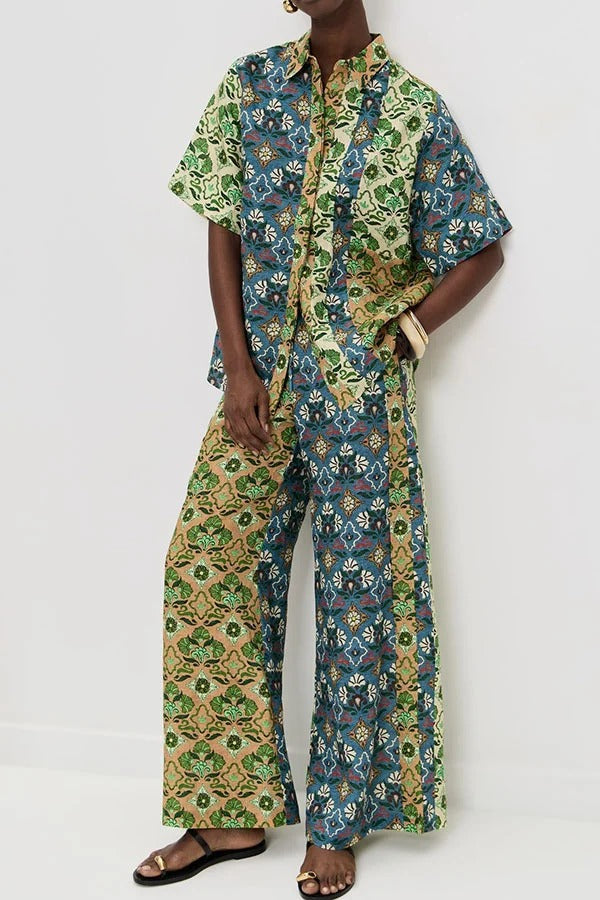 Colorblock Linen Blend Floral Print Short Sleeve Loose Blouse and Elastic Waist Pocket Wide Leg Pants Set