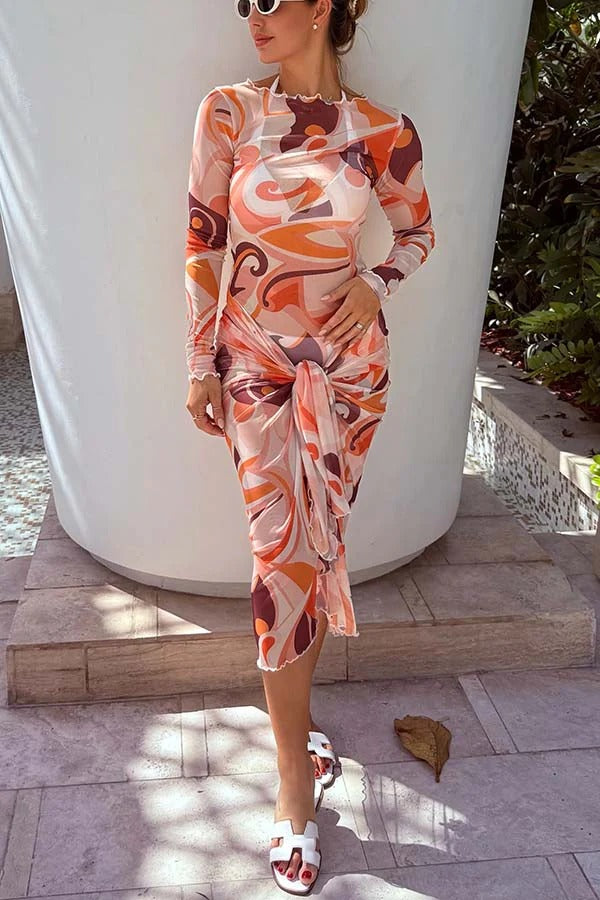 Nessie Mesh Unique Print Tie-up Waist Long Sleeve Stretch See-Through Maxi Dress