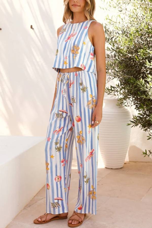 Fashionable and versatile linen sleeveless striped suit